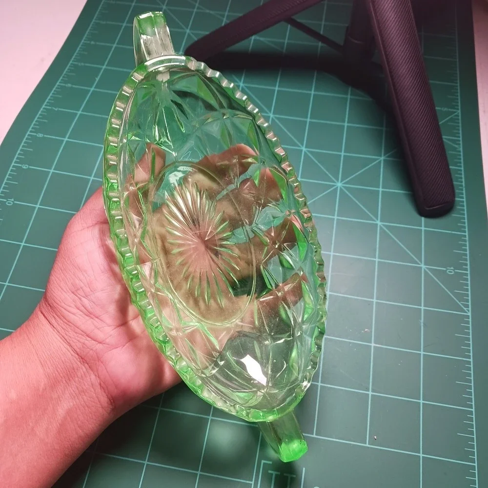 Imperial Glass Green Uranium Diamond Block 2~Handle Pickle / Sundae Dish.